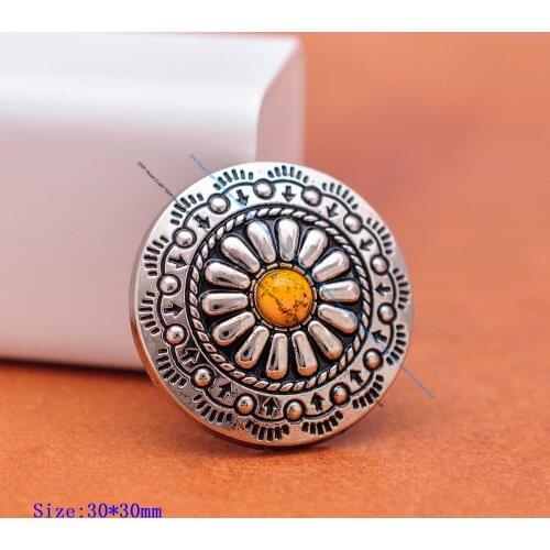 10pcs 30mm Silver Floral Yellow Beads Metal Conchos Button For Leathercraft Concho Belt Luggage Bag Handbag Wallet Case Decor