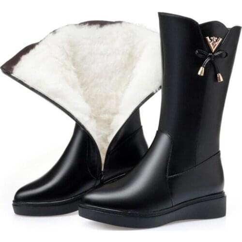 2020 New Fashion Elegant Warm Winter Boots Women Shoes Flat Non-slip Knight Boots Thick Wool Boots Genuine Leather snow Boots
