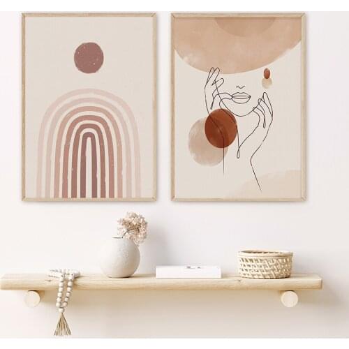 Abstract Woman Face Line Drawing Print Boho Wall Decor Terracotta Minimalist Poster Sun Rainbow Wall Art Canvas Painting Picture