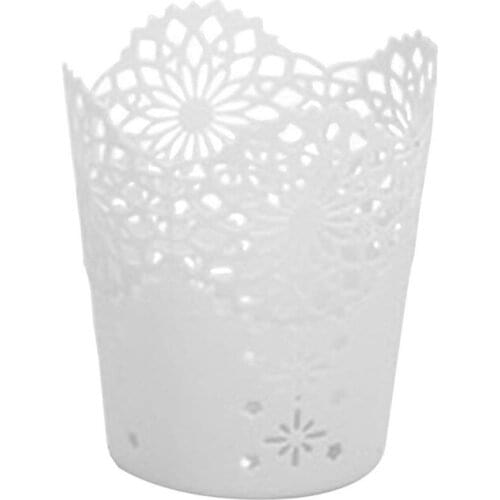 Pen Holder Round Plastic Brush Pencil Storage Organiser Wastebasket Lace Hollow Desk Tidy Pot(white)