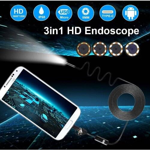 8 LED USB Endoscope Inspection Camera 1200P HD Borescope 3in1 Waterproof IP68