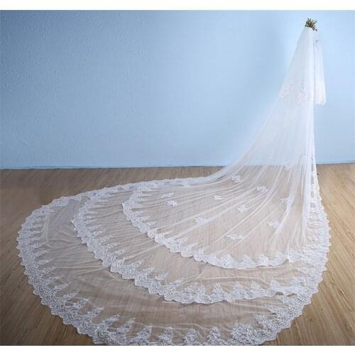 Luxury Wedding Veil Ivory 4m*3m Bridal Veils with Comb Tulle with Floral Applique Shining Sequins Beads