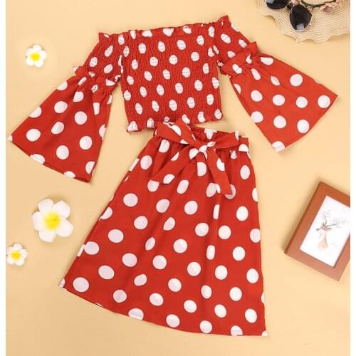 FOCUSNORM Autumn Fashion Kids Girls Clothes Sets 4-9Y Polka Dot Printed Flare Sleeve Off Shoulder Tops A-Line Skirts