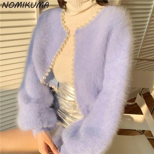 Nomikuma Sweet Lantern Sleeve Mink Cashmere Sweater Knitted Cardigan Korean Beads 2021 New Causal Knitwear Open Stitch 6Z253