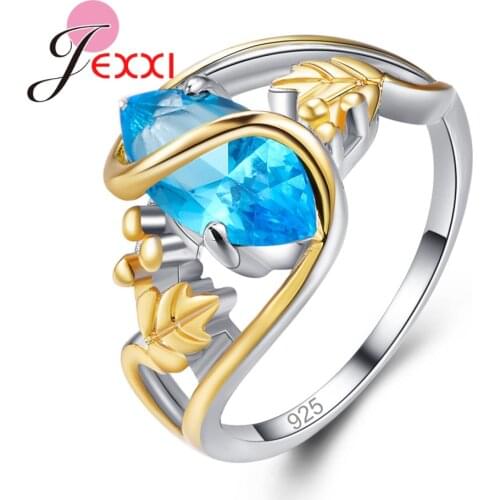 Promotion Leaf 925 Sterling Silver Elegant Rings Blue Green Big Cubic Zirconia Statement Ring For Women Romantic Jewelry Bague