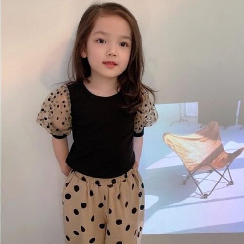 Baby Girls Clothing Set 2021 Summer Casual Dot Mesh Short Sleeve Patchwork T-shirt+Long Pant Two Piece Outfit Kids Sets For 2-7Y