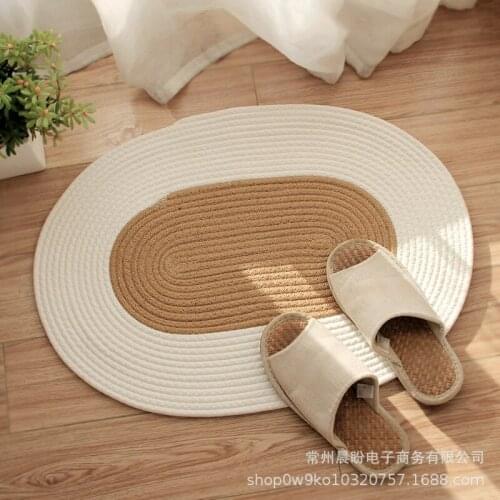 Hand-woven Doormat Cotton and Linen Color Block Anti-Slip Oval Shape Entrance Area Carpet Floor Mat Bedroom Carpet Home Decor