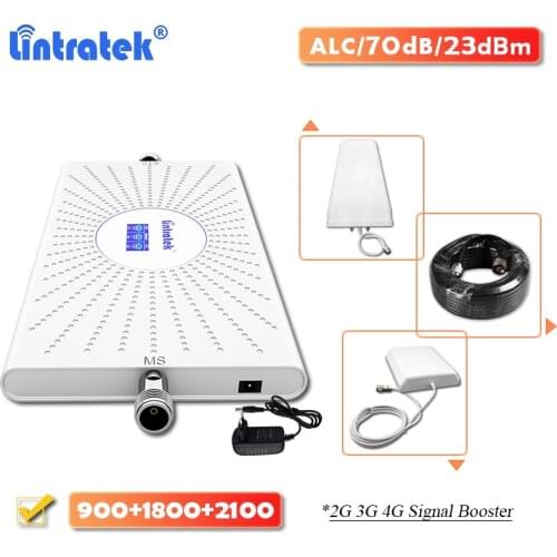 Lintratek 70dB ALC TriBand 2G 3G 4G Signal Repeater GSM 900 DCS LTE 1800 WCDMA 2100 Cellular Amplifier Booster Set Panel Antenna