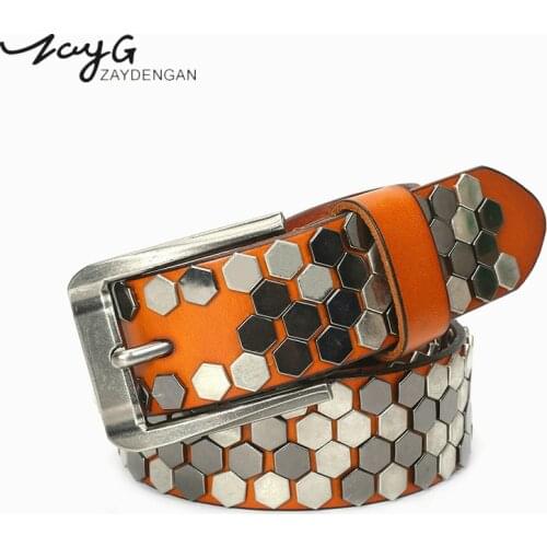 ZAYG cowhide genuine leather rivet belts for men&womens brand male pin buckle jeans mens belt luxury designer punk female belt