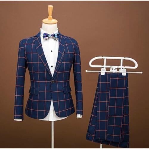 Men plaid suit costume ternos slim masculino jaqueta masculino mens formal dress blue singer stage male groom suit + pant 2XL