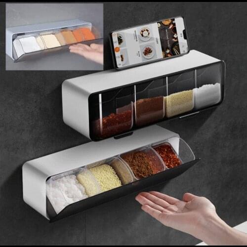Wall Mount Spice Rack Organizer Sugar Bowl Salt Shaker Seasoning Container Spice Boxes With Spoons Kitchen Supplies Storage Set