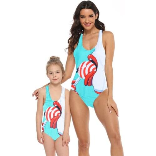 Family Matching Mother Girl Swimwear Mommy and Me One Piece Bikini Beach Wear Lollipop Print Sporty Monokini Bathing Suit