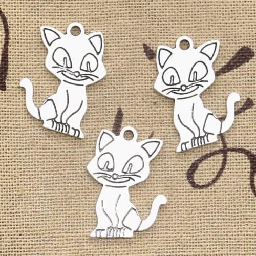 15pcs Charms Double Sided Cat 24x19mm Antique Silver Color Plated Pendants Making DIY Handmade Tibetan Silver Color Jewelry