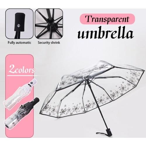 Portable Clear Automatic Umbrella Ladies Small Fresh Long Handle Transparent Parasol Three-fold Rain Umbrella