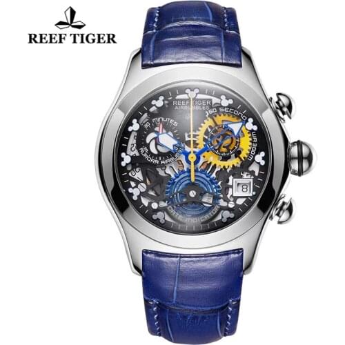 Reef Tiger New Designer Top Brand Luxury Fashion Women Quartz Watches Steel Skeleton Blue Genuine Leather Strap Sport Watches