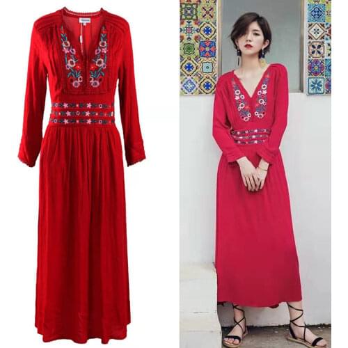 Boho Loose Embroidery Long Dress Women 2020 Autumn Long Sleeve V neck Sexy Dresses Sweet Floral Beach red dresses for woman