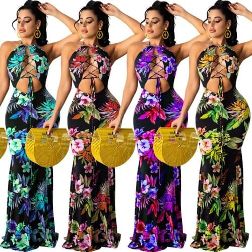 Halter Neck Backless Floral Print Mermiad Dress Women Sexy Cross Lace Up Hollow Holiday Dress Summer Vacation Bandage Vestidos