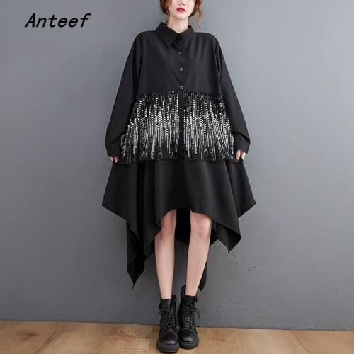 Long sleeve plus size black cotton vintage dresses for women casual loose midi spring autumn shirt dress elegant clothing 2021