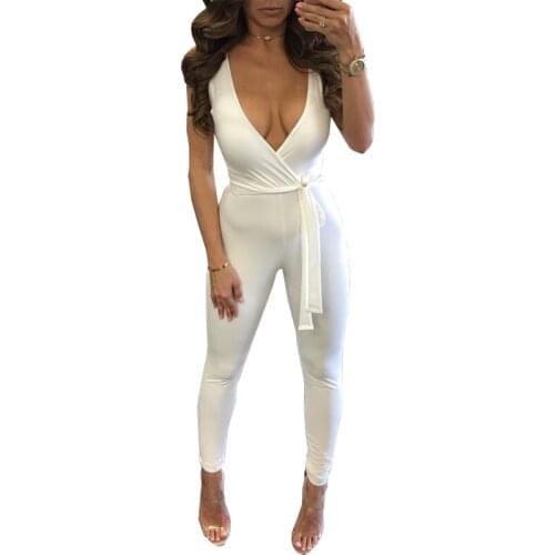 BAMBOOBOY Women New Fashion Sexy Sleeveless Deep V Lace Up Fitted Bodycon Party Club Jumpsuit White Playsuit ZL862