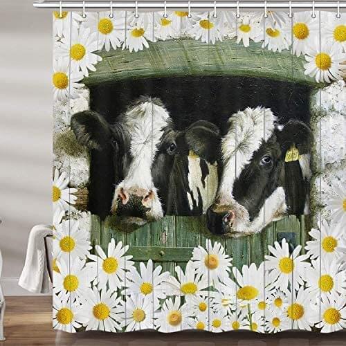 Farmhouse Cow Shower Curtains for Bathroom, Rustic Barn Door Daisy Flower Fabric Shower Curtain Set, Rustic Wooden Bathroom