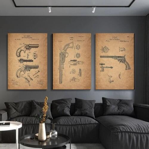 Gun Pistol Drawings Retro Painting Art Home Wall Decor Picture Bedroom Living Study Room Military Fan Quality Canvas Posters