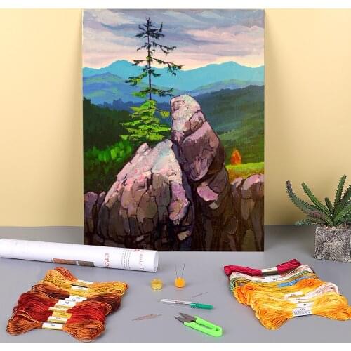 Landscape Rock. Etude Printed Canvas 11CT Cross Stitch Full Kit Embroidery DMC Threads Painting Handiwork Craft Gift