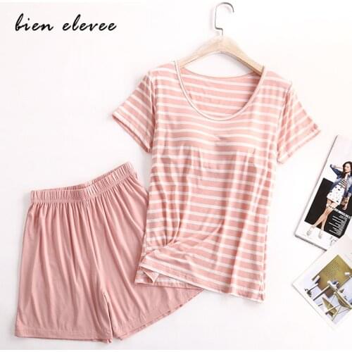 Summer Women Modal Homewear Female Pajamas Sets Plus Size Sleepwear Suits Short-Sleeve 2Pieces Pink Striped Pijama With Bra Pad