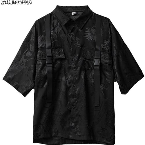 Streetwear Dragon Pattern Print Men Drop Shoulder Short Sleeve Casual Shirt With Buckle Straps Turn Down Collar Black