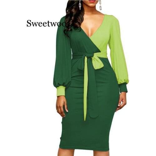 Women Fashion Sashes Sexy Office Lady Work Dress Long Sleeve Deep V Neck Contrast Color Shirt Dress 2020Winter Women Dress