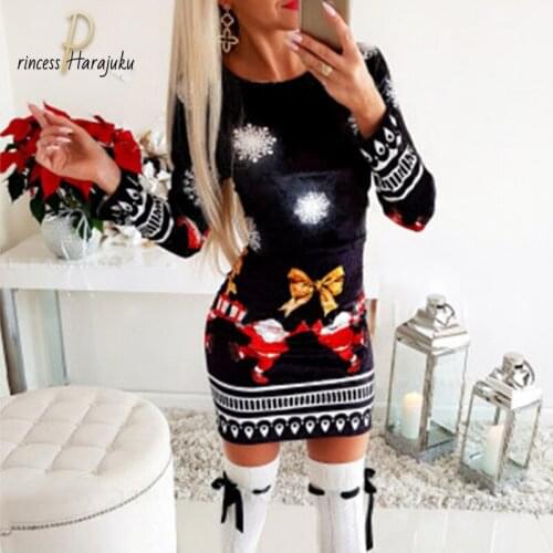 Dresses For Women Kawaii Christmas 2020 Fashion Vestidos Knitted Print Woman Dress Long Sleeve Autumn Winter Clothing For Female