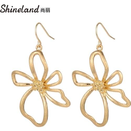 Shineland Vintage Handmade Drawing bijoux trendy Alloy Drop Earrings New Fashion Big Flower Hollow Brincos Statement Jewelry