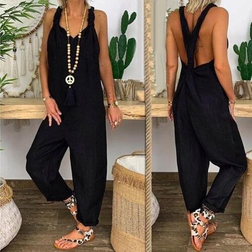 Women Solid Color Bib Overall Sleeveless Backless Knotted Womens Jumpsuit Female summer 2020