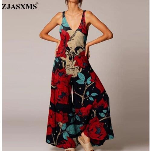 2021 Halloween Skull Print Women Jumpsuit Spring V Neck Wide Leg Pants Loose Romper Summer Sleeveless Straps Beach Overalls 3XL