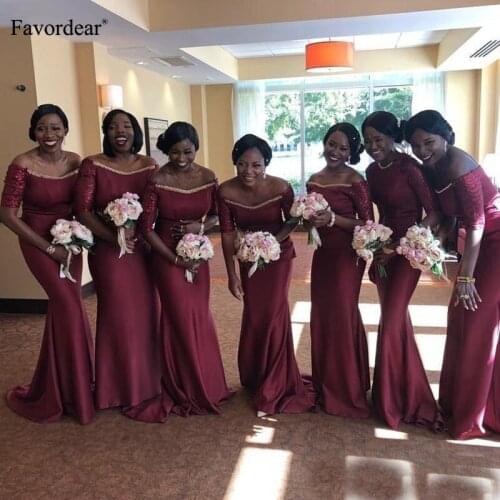 Favordear 2020 New Long Prom Dress Long Satin Sheath Half Sleeve Burgundy Gold Beaded Long Bridesmaid Gowns