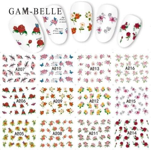 GAM-BELLE 12pcs Nail Sticker Flower Watermark Slider Sets Colorful Polish Decals Wraps for Manicure Nail Art Decorations Tool CH