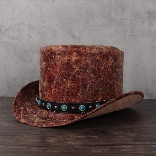 2021 Women Men Leather Top Hat Shower Lday Fedora Hat Magic Flat Steampunk Cosplay Pork Pie Party Cap
