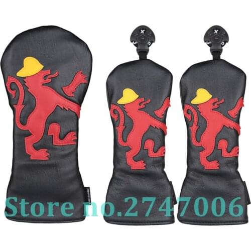 3pcs Black PU Leather with Lion Design Golf Club Driver Fairway Wood Head Cover Golf #1 #3 #5 Wood Headcover