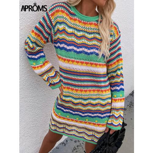 Aproms Elegant Multi Color Crochet Knitted Mini Dress Women Summer Long Sleeve Hollow Out Festival Holiday Dress Fashion Vestido