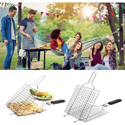 BBQ grill Stainless steel square Barbecue Net grilled fish vegetable chicken tool Hand held wooden handle Barbecue Basket