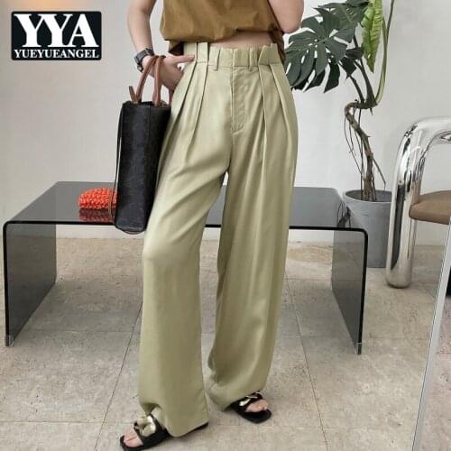 2021 New French Style Fashion Womens Elegant High Waist Straight Wide Leg Pants High Street Loose Solid Concise Female Pants
