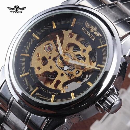 New WINNER Luxury Watch Stainless Steel Band Wristwatch Hollow Dial Automatic Self-Wind Men Dress Skeleton Mechanical Watches
