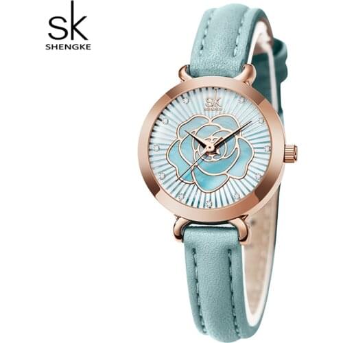 Shengke New Women Watches With Spring Blue Color Rose Dial Slim Strap Japanese Quartz Movement Best Gift For Cute Girlfriends