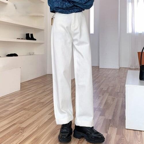 Fashion Streetwear High Waist Jean Women Baggy Streetwear Straight Leg Denim Pant Korean Y2k White Button Fly Full Length
