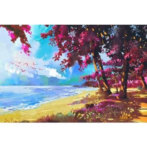 GLymg 5d Diamond Painting Rhinestones DIY Embroidery Diamond Embroidery Summer Beach Pink Trees Diamond Wall Arts Decor