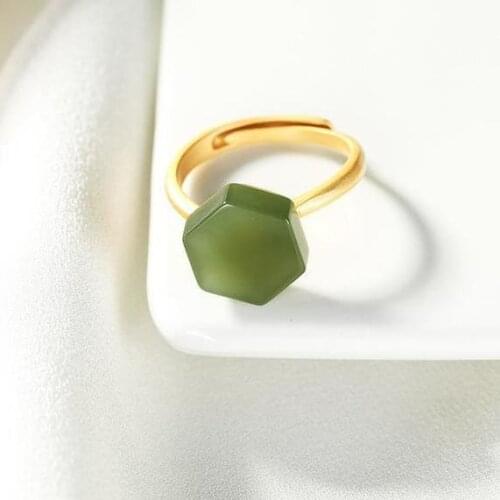 Natural Hetian Jade Gray Jade Ring S925 Sterling Silver Ring Simple Fashion Generous and Personalized Hexagon Elegant Accessorie
