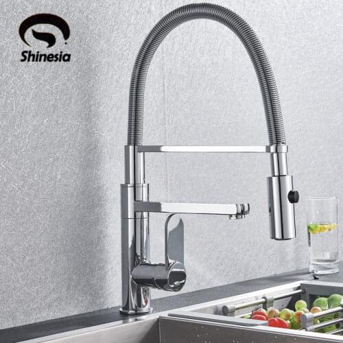 Chrome Kitchen Sink Faucet Deck Mount Hot Cold Mixer Crane Tap Pull Dwon two Modes Spout 360 Degree Rotation faucets