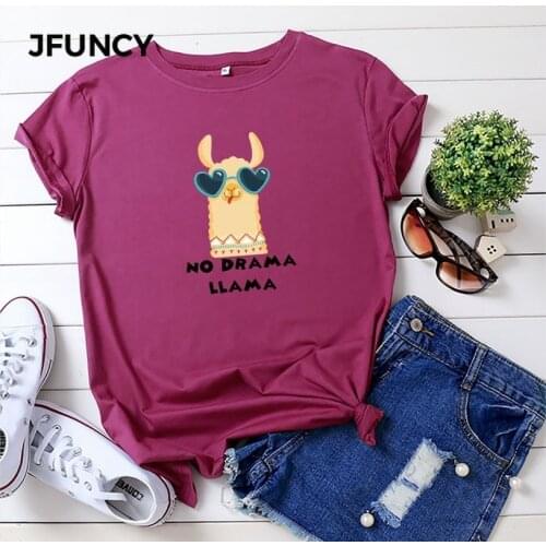 JFUNCY Plus Size Printing Women T-Shirt Cute Alpaca Woman T Shirt Summer Cotton Short Sleeve Female Tees Lady Tops Casual Tshirt