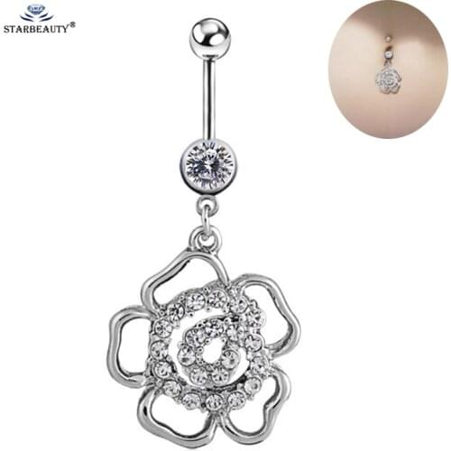 White Rose Flower Belly Piercing Ombligo Bright Gem Belly Button Rings Navel Piercing Nombril Belly Ring Earring Pircing Jewelry