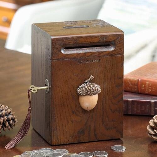 Retro Piggy Bank Solid Wood Lockable Child Coin Box Banknotes Paper Money-saving Box Key Lock Safes