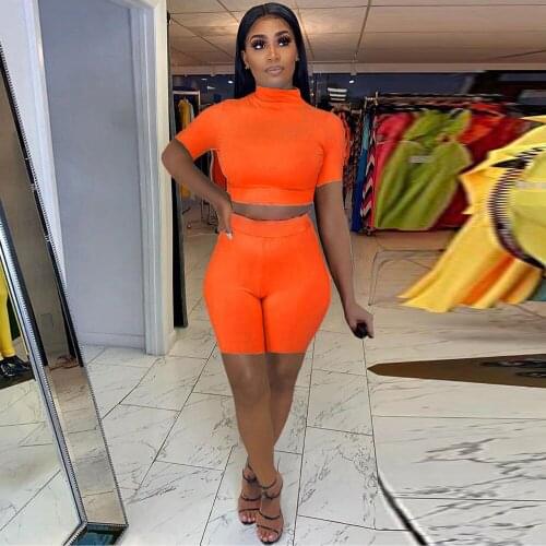Summer Two Piece Set Women Short Sleeve High Necked Crop Top Sporty Workout Biker Short Matching Sets Workout Stretchy Outfits
